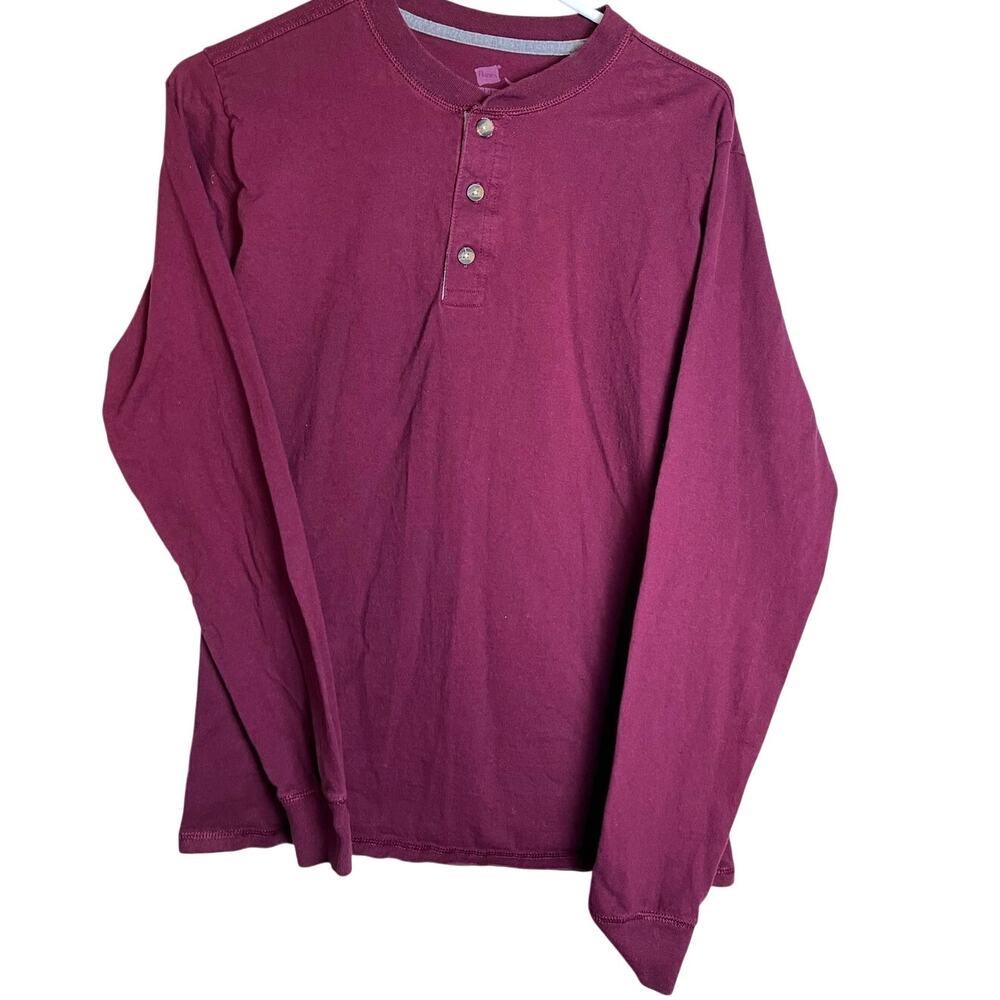 HANES Beefy Button Down Burgundy Long Sleeved Tee, Size S